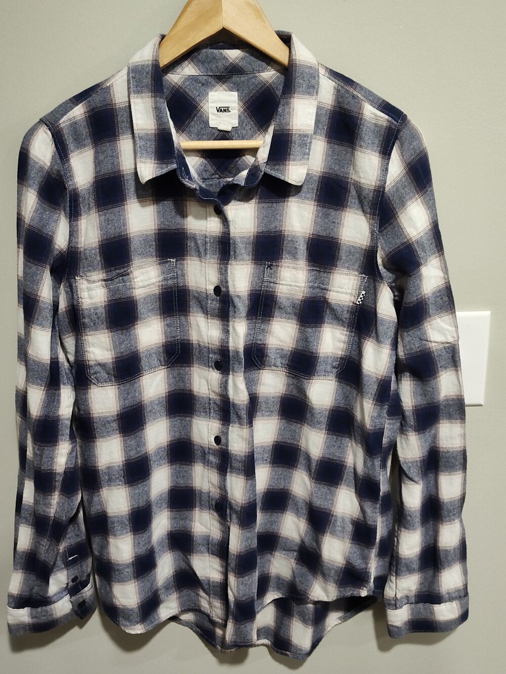 Vans Blue White Plaid Flannel Button Up Line Sleeve Shirt, Size XL, Off the Wall